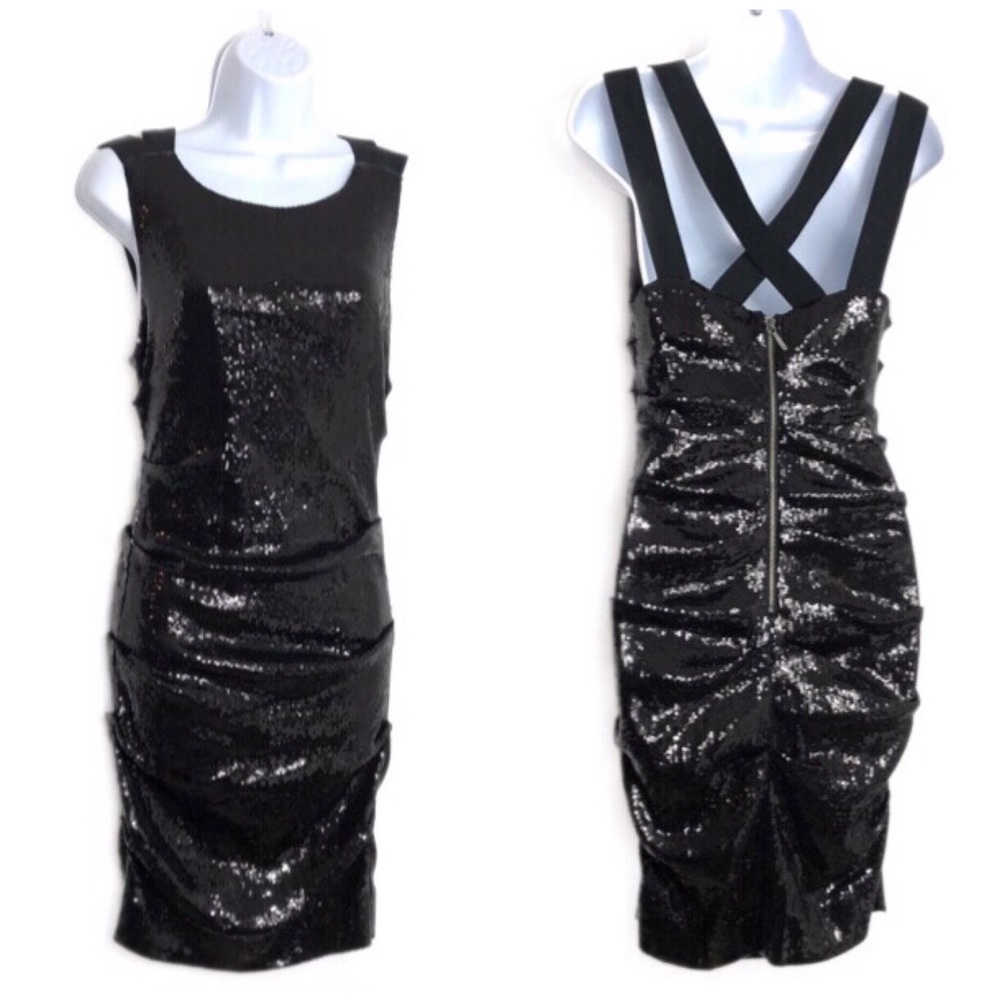 Nicole Miller Ruched Black Sequin Cross Straps 6 - Picture 1 of 8